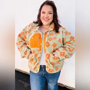 Flower Print Sherpa Button Down Jacket